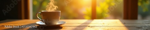 Coffee cup, steam rising, Friday morning sunlight on wooden table, energy, caffeinated