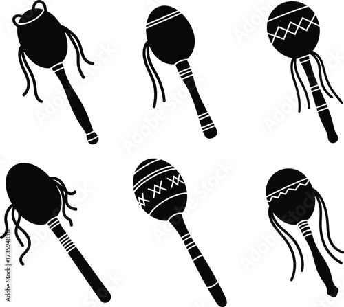 Six Black Silhouette Maracas with Decorative Bands and Tassels on White Background