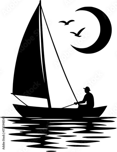 Silhouette of sailboat with person, moon and birds on the water in black and white art on transparent background
