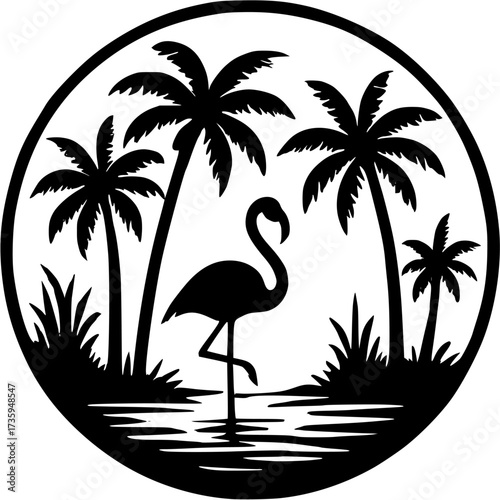 Black silhouette of flamingo standing in water surrounded by palm trees in a circle design on transparent background
