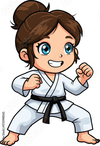 Cartoon child martial arts fighter, karate kid in white gi black belt, cheerful determined pose, sports discipline, self defense training, confident smiling character illustration