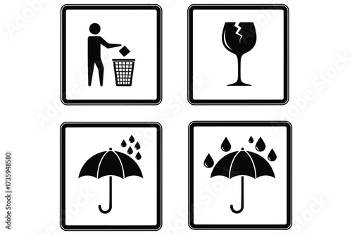 Vector art of set of packaging pictograms contains icons as disposal, fragile, keep dry, and protect from rain