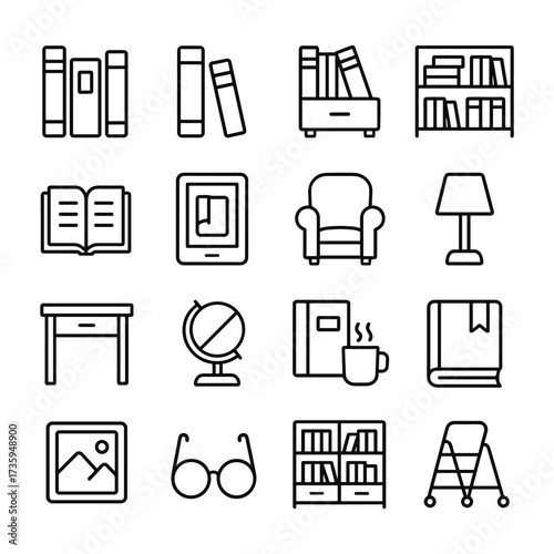 Library and books icon collection. Outline symbols. Line design