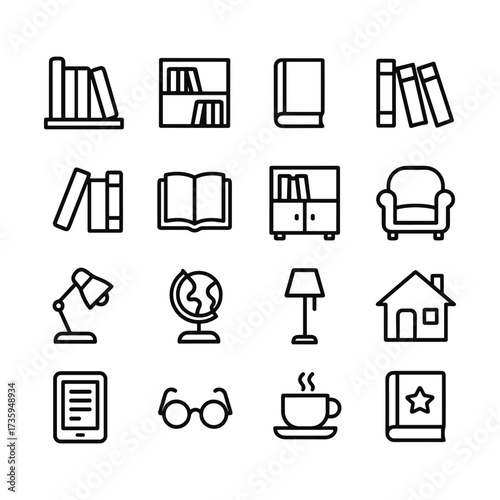 Educational library symbol set. Outline symbols. Line design