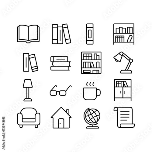 Private library study icons. Outline symbols. Line design