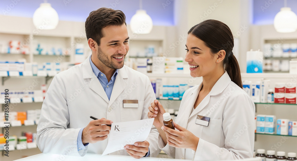 Obraz premium Happy pharmacists discussing prescriptions and medications in a pharmacy.