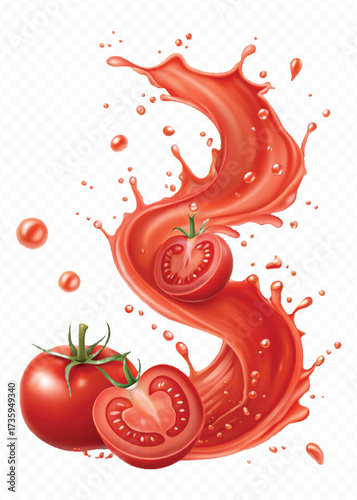 realistic 3d red tomato juice or ketchup sauce splashes in different style isolated on transparent background