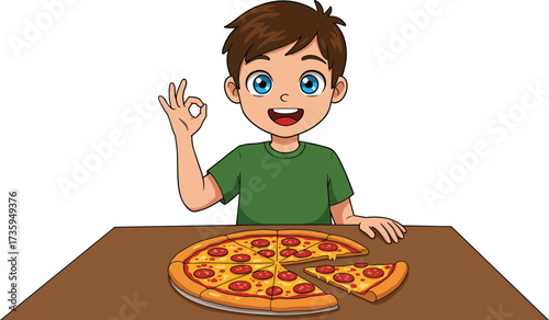 Cartoon child eating pizza illustration, happy kid making OK gesture, smiling boy with pepperoni slice, fun dining concept, children food enjoyment artwork, isolated background