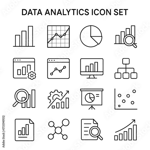 Database analysis icons pack. Outline symbols. Line design