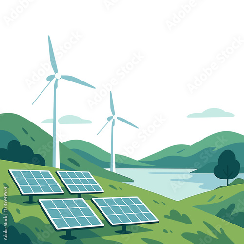 A sustainable energy landscape showcases wind turbines and solar panels on a grassy hillside overlooking a calm lake, where eco‑friendly technology powers the future as nature and technology unite