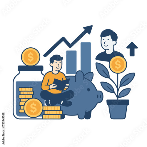 Show how financial planning influences personal development, emphasizing savings and investments for future security