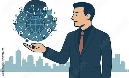 A businessman with a global network and data customer connections against a city backdrop, showcasing innovative technology in science and communication