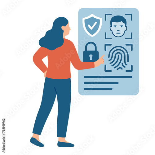 A woman engages with a digital interface, investigating virtual security and biometric identification ideas in a futuristic environment