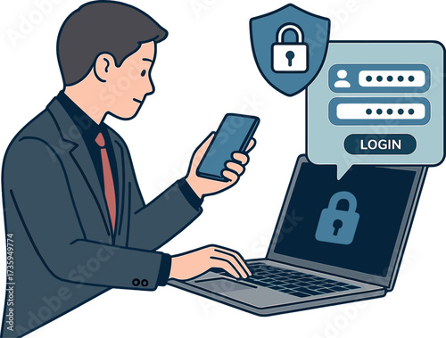 A businessman uses his phone and types on a laptop keyboard to enter his username and password into the technology security system, thereby preventing hackers and upholding cyber security principles