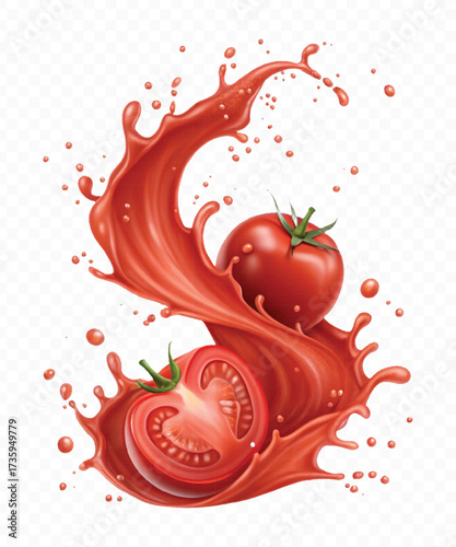 realistic 3d red tomato juice or ketchup sauce splashes in different style isolated on transparent background