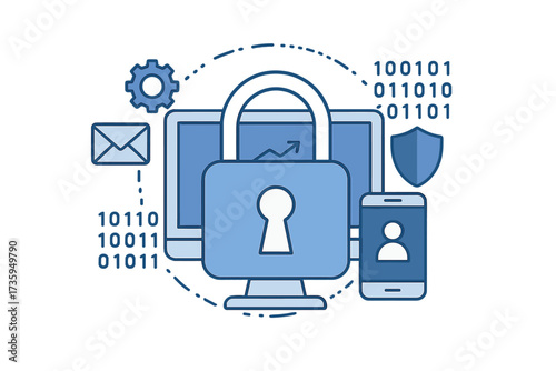 Modern cyber security and internet privacy concepts illustrate a padlock safeguarding business and financial data, protecting personal information on digital devices through data governance
