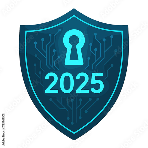 A cutting‑edge shield illustration incorporates a keyhole and displays the year 2025 in luminous numerals, representing cybersecurity and digital defense