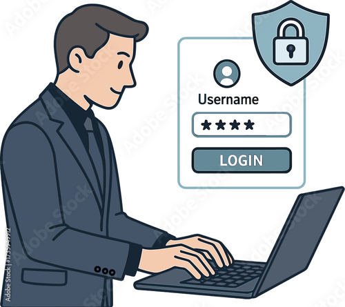 A businessman types on his laptop keyboard to enter his username and password into a technology security system, thereby preventing hackers