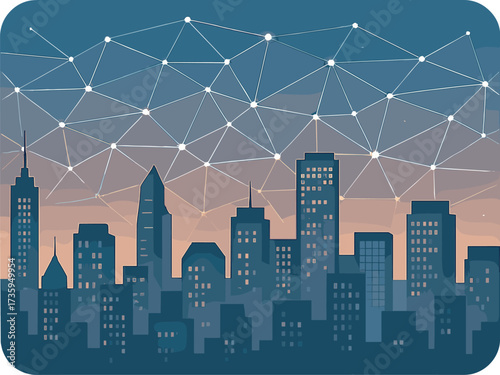 A LinkedIn-inspired concept featuring a city skyline linked by a digital network at twilight