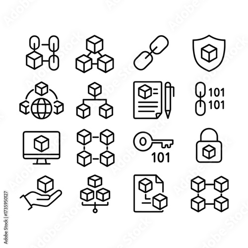 Bitcoin technology icons vector collection. Outline symbols. Line design