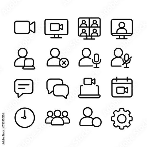 Video conference icons set. Outline symbols. Line design