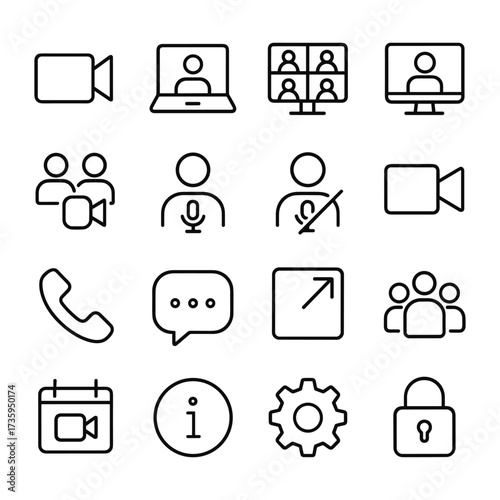 Online meeting video conference icons. Outline symbols. Line design