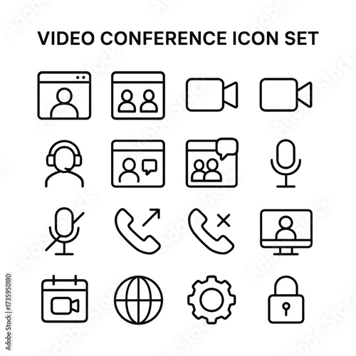Video conference communication icons collection. Outline symbols. Line design
