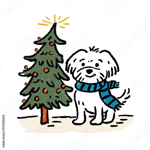 A charming watercolor of a fluffy dog in a blue scarf next to a decorated tree.