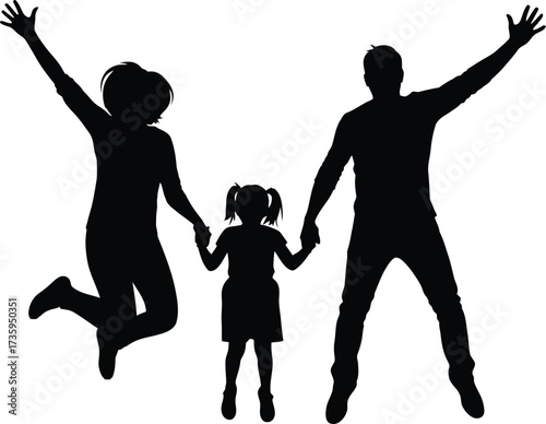 Silhouette Family Jumping Joyfully Holding Hands with Arms Raised happiness