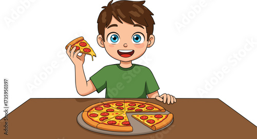 Cartoon child eating pizza slice at table, happy boy with pepperoni pizza illustration, kids meal enjoyment, smiling child food clipart, family dining concept