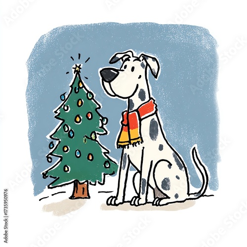 A delightful, cartoon-style illustration of a dog beside a decorated Christmas tree.