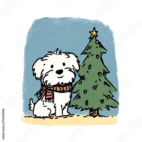A cute white puppy in a scarf sits beside a small Christmas tree, festive season.