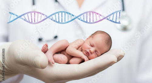 Cute little baby in doctor's hand close-up on white background with DNA. In vitro fertilization (IVF), pregnancy planning, child conception