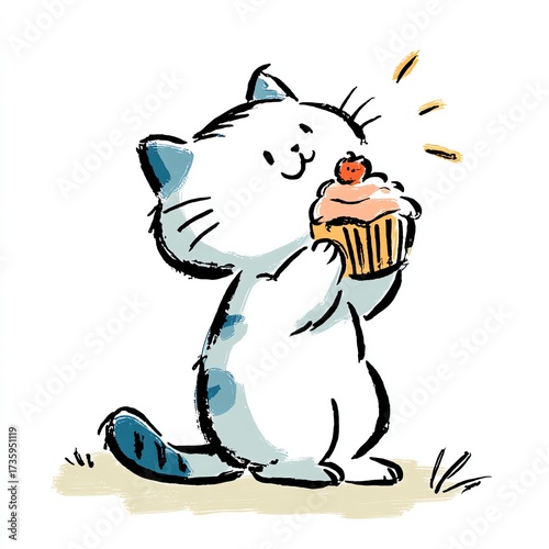 Whimsical watercolor of a kitten holding a cupcake, adorable and playfully sweet.