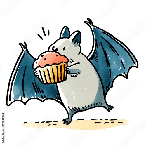 Watercolor bat illustration, featuring a sweet cupcake. Cute and adorable animal art.