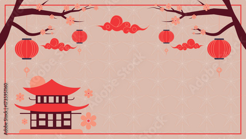 Elegant Asian themed background featuring red lanterns cherry blossoms pagoda and clouds perfect for cultural festival designs invitations posters and decorative projects