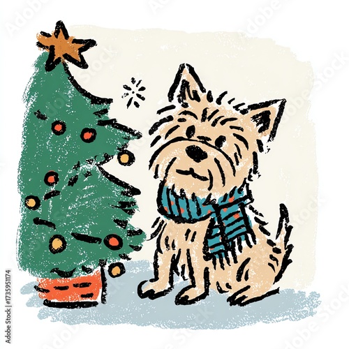 Adorable watercolor dog illustration with Christmas tree brings holiday cheer to all.