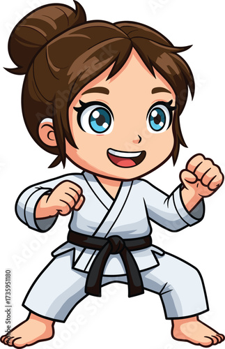 cartoon martial arts child character, karate kid in white uniform with black belt, fighting stance illustration, discipline strength focus, sports training vector design