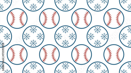 Repeating pattern of baseballs and snowflakes in circles on a white background in a seamless design