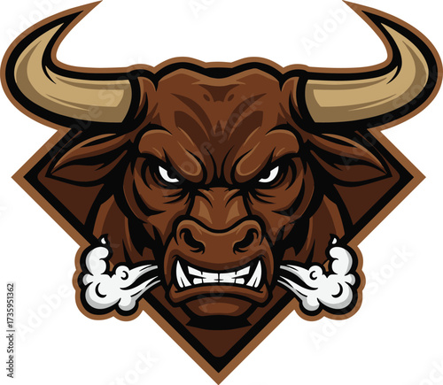 Angry bull head illustration, fierce animal mascot design, aggressive bull logo, powerful sports emblem, strong wild ox artwork, raging bull vector, intimidating horned beast