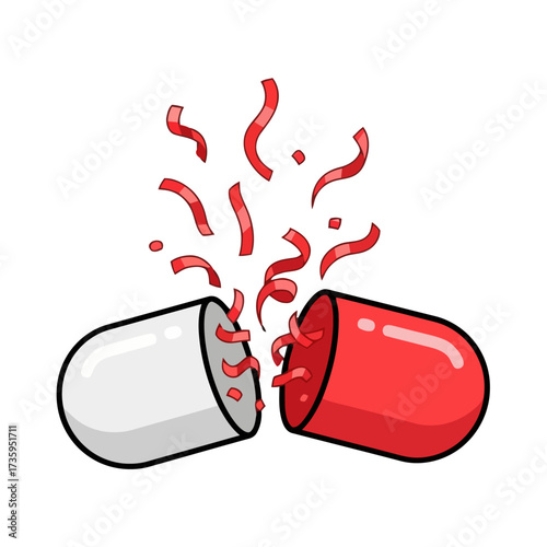 Open capsule with red confetti, symbolizing medicine, treatment, or breakthrough