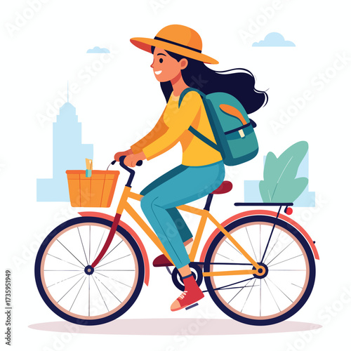 A young woman with a hat and backpack rides a bicycle in a city with a basket on the front.