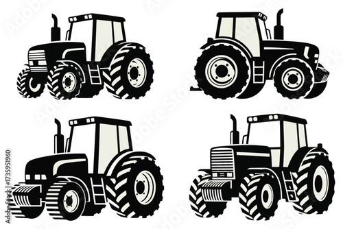 Vector art of tractor icon set featuring various tractor designs, representing agriculture, farming, and rural life