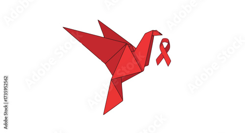 Red origami bird holding red ribbon in its beak, symbolizing hope and awareness, isolated on transparent