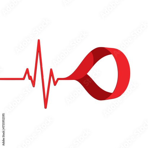 Red ribbon and electrocardiogram line representing health and awareness
