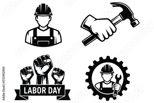 Vector art of labor day vector icons set collection of worker, hammer, fist, and gear icons for labor day celebration, perfect for graphic design and web design