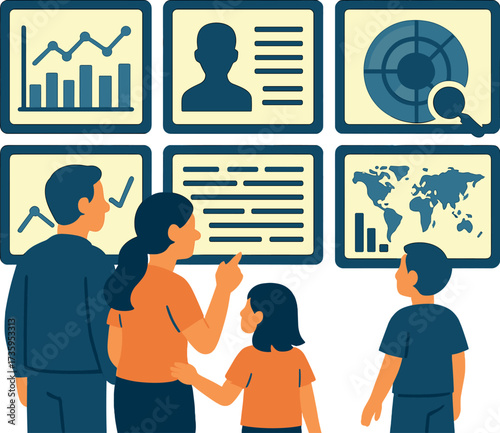 A family watches a set of glowing screens showing data and images, hinting at a tech or investigative environment