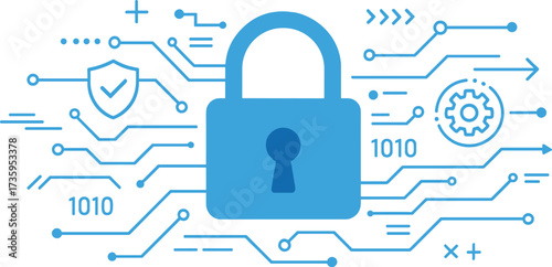 Illustration of a vector depicting an abstract background of digital security technology, protection mechanisms, and system privacy