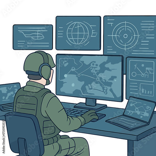 A military operator oversees battlefield data in a control room equipped with screens and displays, exemplifying a future army and security concept