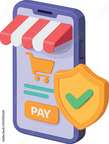 Illustration of a 3D mobile phone with a shield security icon, representing protected online shopping and payment, and highlighting application safety through a smartphone concept